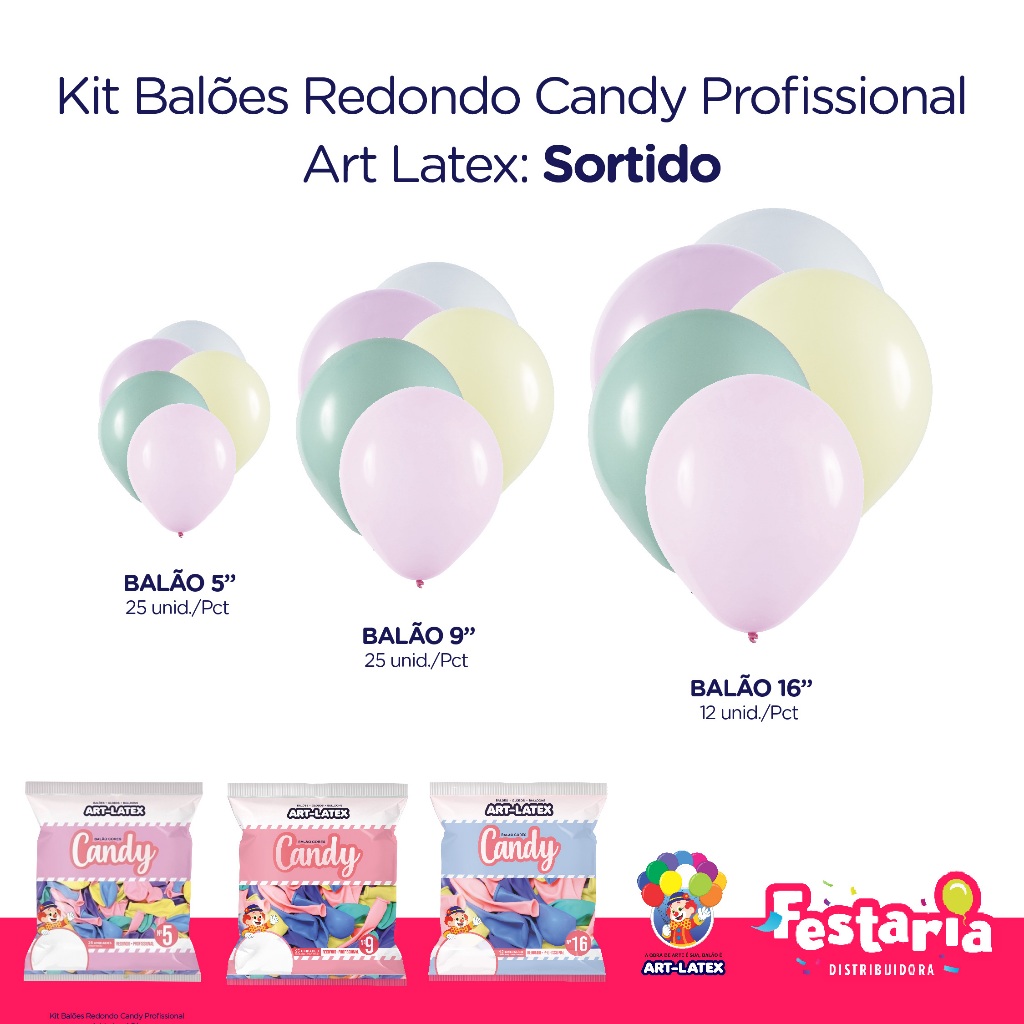 Kit 3 Pacotes Balões Bexigas Redondo Candy Profissional – 5" , 9" e 16" – Art Latex em Oferta na Shopee