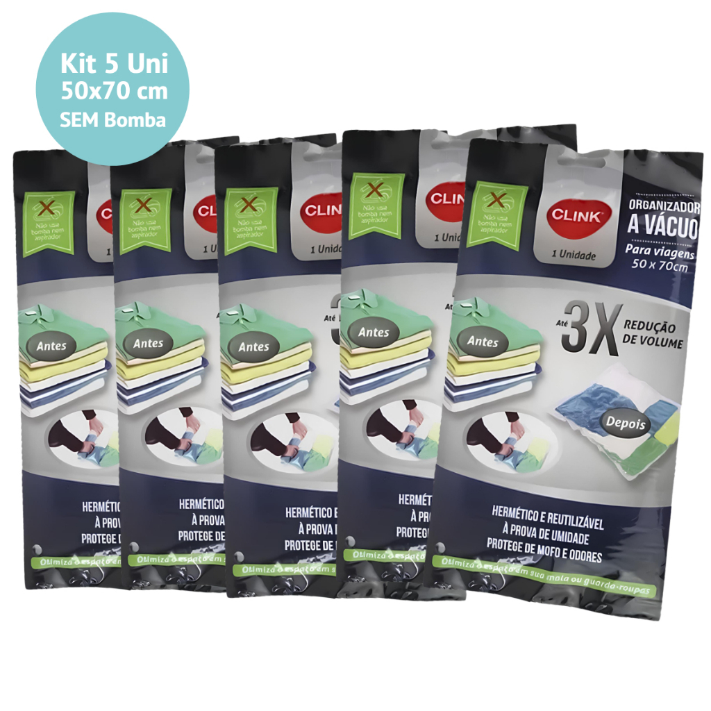 Kit Saco a Vácuo 5 Unidades 50X70 Guarda Roupa Sucção Manual a Vacuo p/ Viagem Organização Mala Organizador Protetor