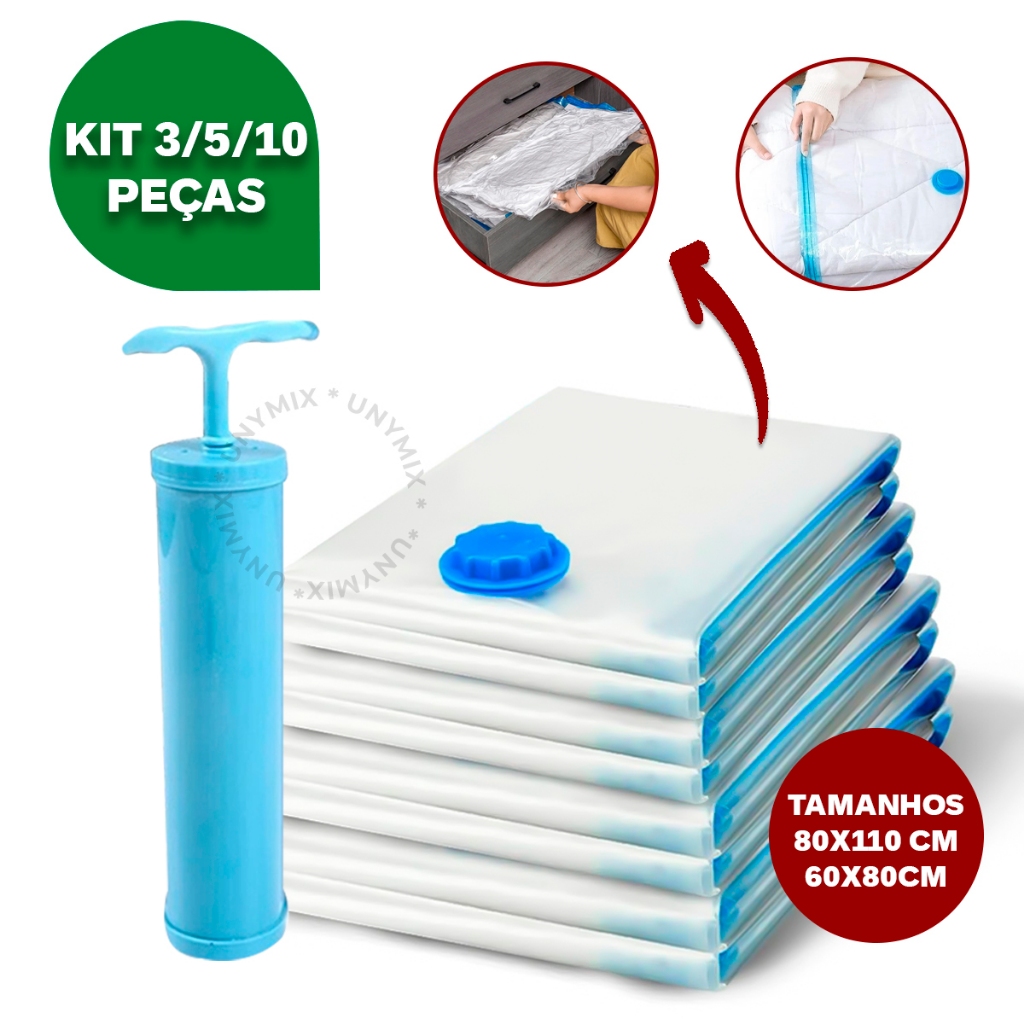 Kit Saco a Vacuo + Bomba Manual Organização de Roupas Mala Viagem Guarda Roupas Premiun