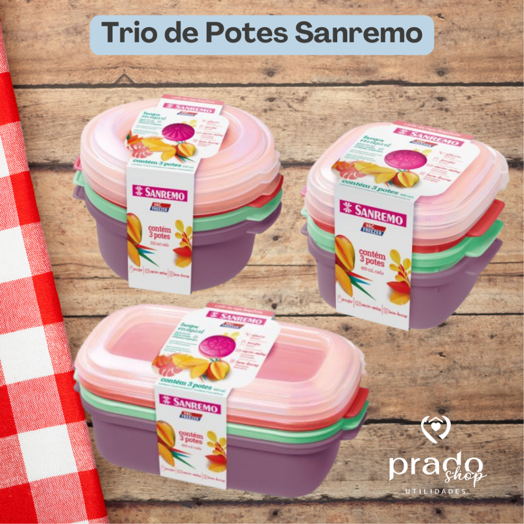 Conjunto de 3 Potes Vasilha Sanremo Redondo ou Quadrado Colorido