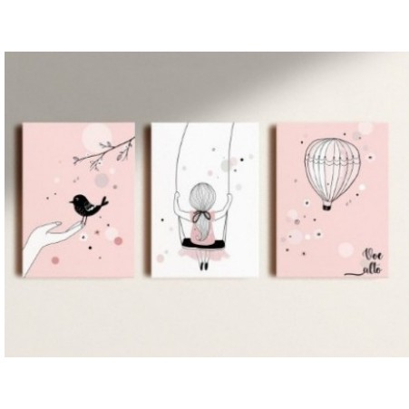 Kit quadrinhos 3 peças Menina No Balanço Pássaro Balão Para Quarto Sala Sem Moldura