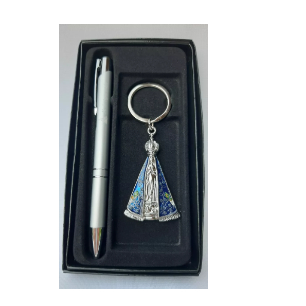 Kit Caneta Chaveiro Nossa Senhora Aparecida Metal Prateado em Oferta na Shopee