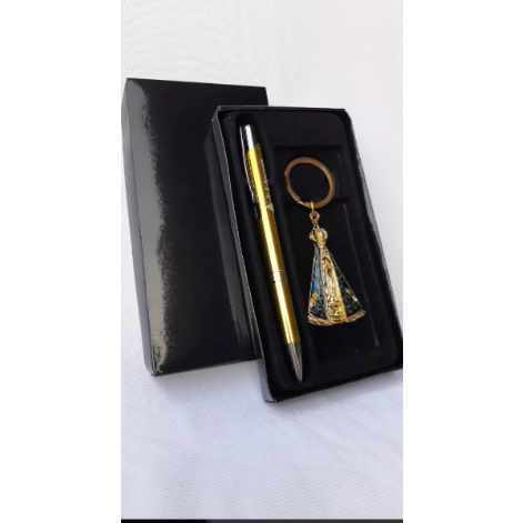 Kit Caneta Chaveiro Nossa Senhora Aparecida Metal Dourado em Oferta na Shopee