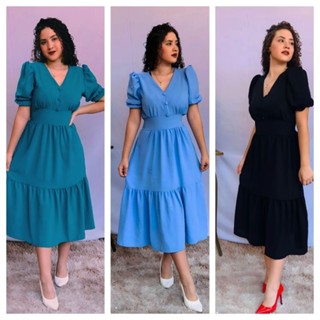 Vestido midi liso Duna - Verde menta oscuro, Azul bebe y Preto.
