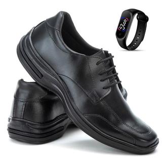 Sapato Social Masculino Ortopedico Antistress De Couro Confort Resistente Moderno Super Macio Ajustável + Relogio