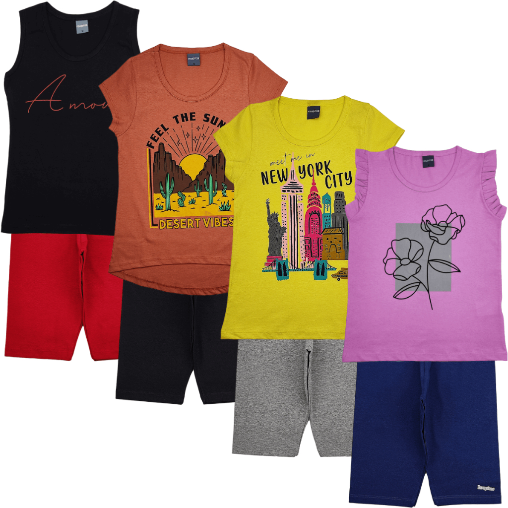 6 Roupa Juvenil Infantil Feminino Tamanho 10 ao 14 Conjunto Menina 3 Blusinhas + 3 Shorts