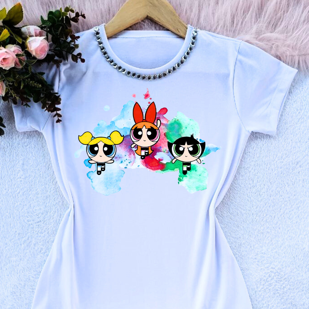Camiseta feminina t shirt blusa camisa meninas super poderosas várias cores com e sem pedr...