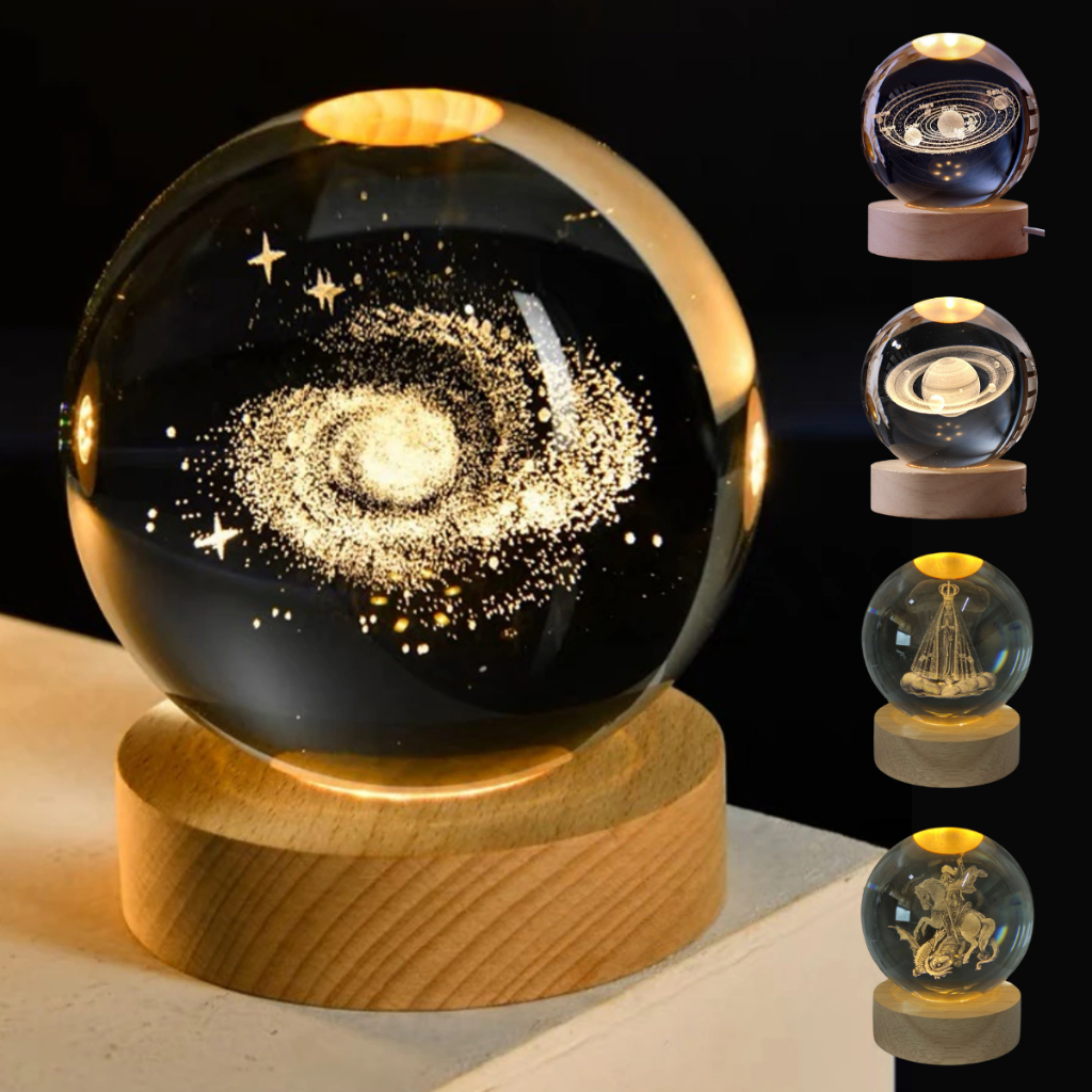 Luminária De Mesa Bola De Cristal Led Abajur – Lua, Sistema Solar, Saturno, Galáxia, Árvore – Tamanho M e G