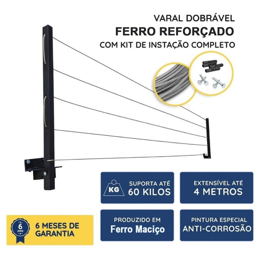 Varal de Parede Retrátil Reforçado em Ferro – Kit de Instalação Incluso / Varal de Roupas Dobrável em Oferta na Shopee