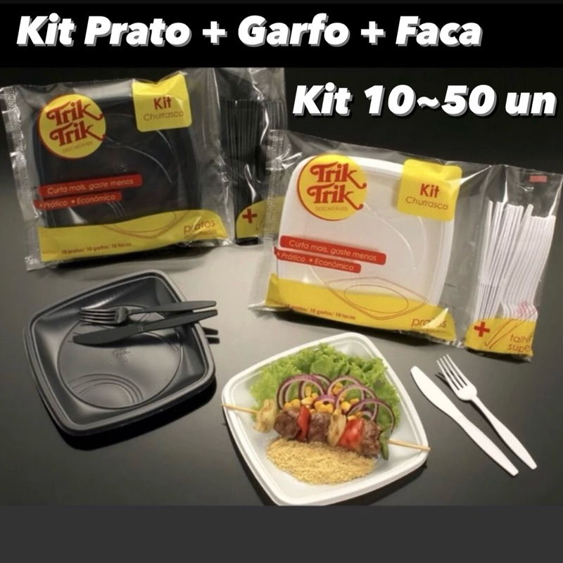 10~50 Kit Churrasco Prato Garfo e Faca 21cm Preto ou Branco Trik Trik em Oferta na Shopee