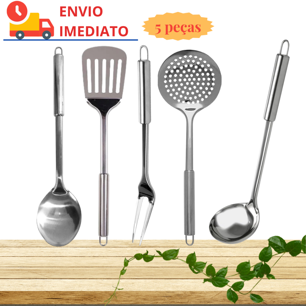 Kit Talheres Inox Concha Colher Garfo Espátula Vazada Inox para Hambúrger Grande Chapa Lanches