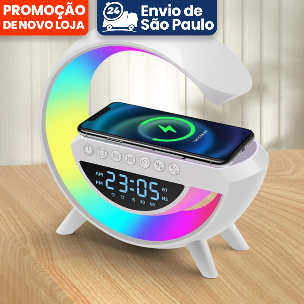 Caixa De Som Led Luminária Bluetooth Alto Falante Carregador Sem Fio Lâmpada De Mesa RGB Alarme Relógio