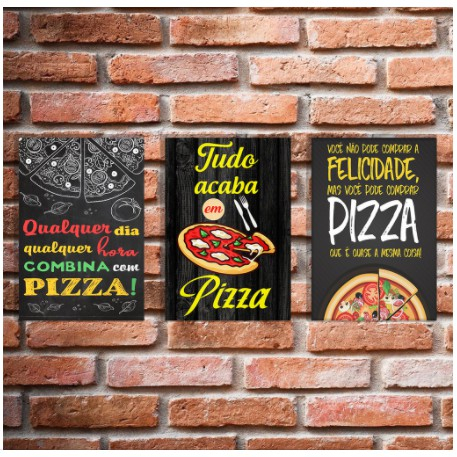 Kit 3 Placas Decorativas Quadros Pizzaria, Frases de Pizza Comida Food