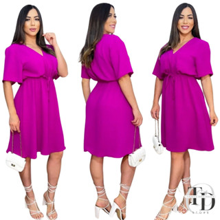 Vestido Curto Feminino Casual Duna Premium Manga Curta Mídi Gola V, com Elástico Na Cintura Moda Evangélica, Gestante, Festa. Ideal para Mulheres Elegantes. Nas cores Fúcsia, Azul, Verde, Rosa, Preto e Terracota Pode Ser Utilizado Como Saída de Praia - Ch