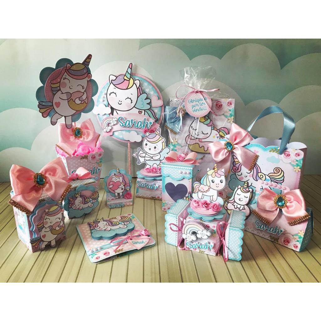 Kit de caixinhas personalizadas, milk, cone e sushi, lembrancinhas, decoração Kit de festa aniversário Unicórnio