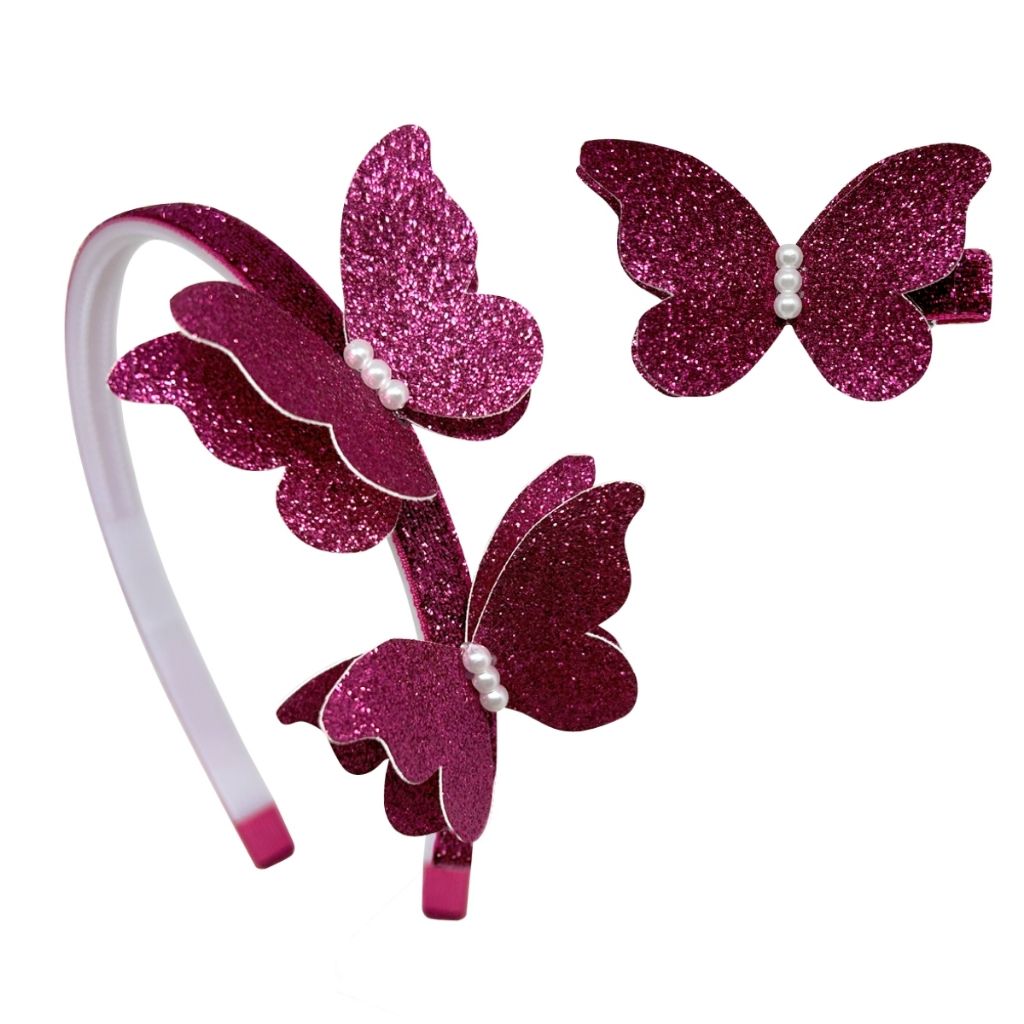 Kit Tiara Arco e Presilha Hair Clips Infantil Borboleta Brilho Pink Glitter