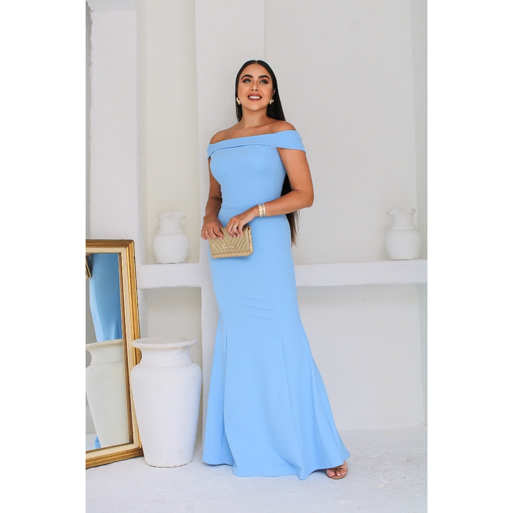 Vestido de festa azul serenity madrinha de casamento noiva formatura batizado azul marinho chá de bebê longo ciganinha ombro a ombro festa bojo