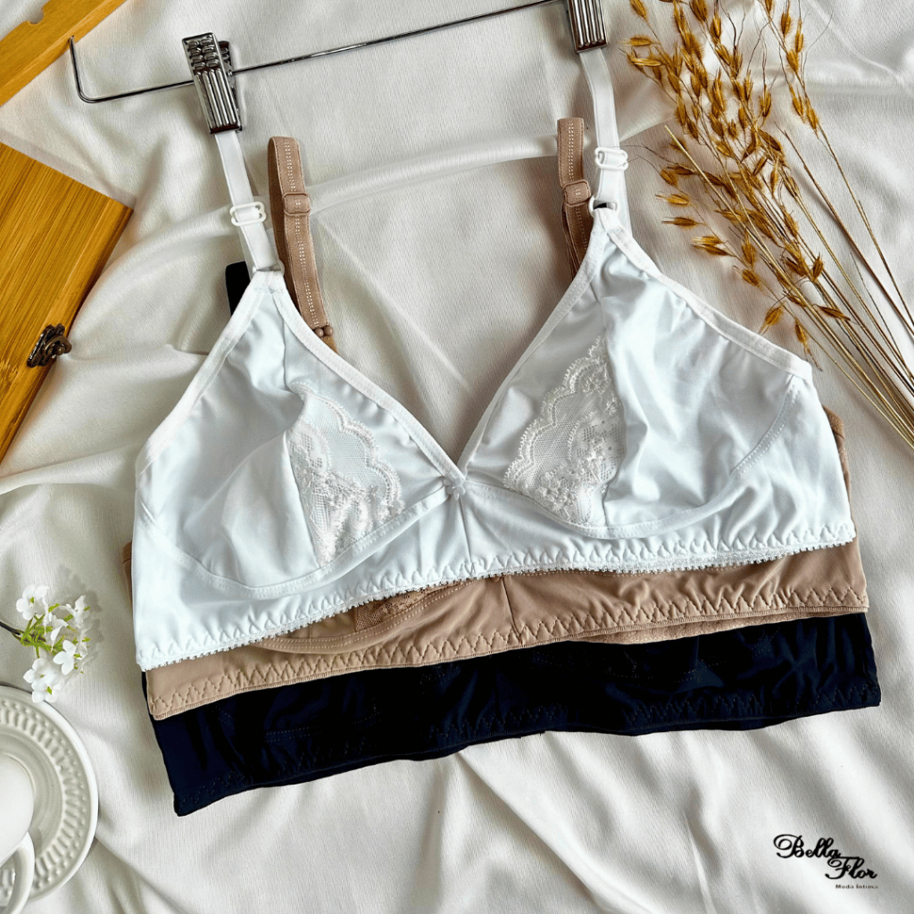 Kit com 3 Sutiãs Básico Cores Neutras Barato Detalhe em Renda Forma Grande em Oferta na Shopee