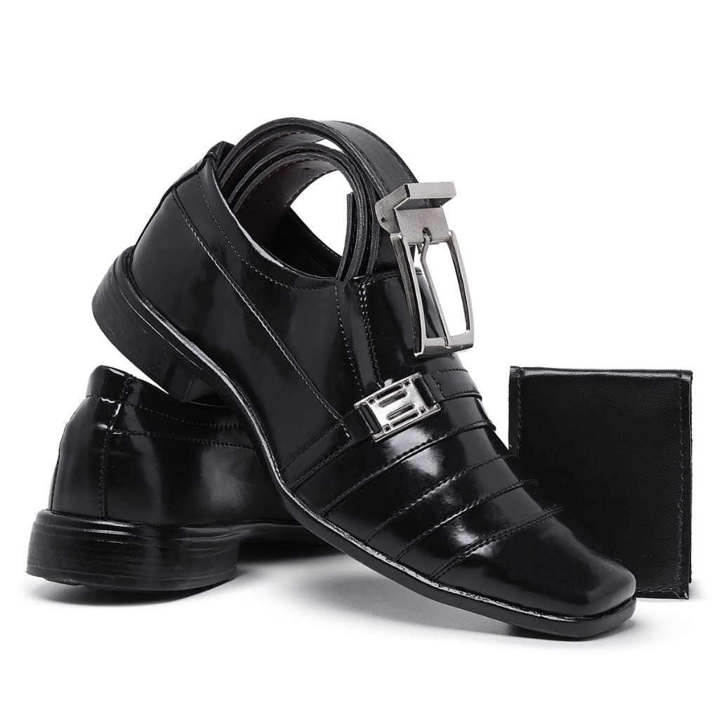 Kit Sapato Social Masculino Oxford Formal em Verniz Confortável com Carteira e Cinto