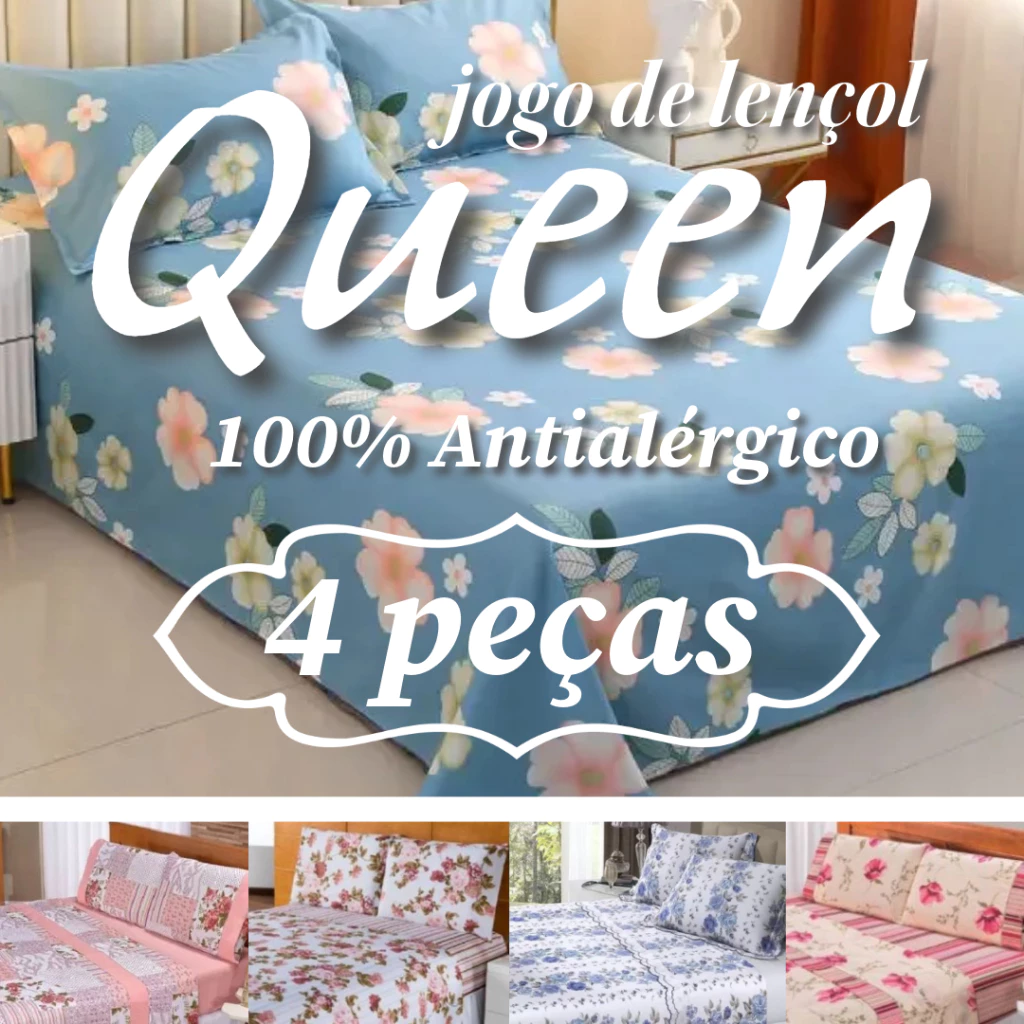 Kit Jogo de Lençol Queen 4 Peças 1,98m x1,58m x 0,3m - Lençol com Elástico + Superior + 2 Fronhas