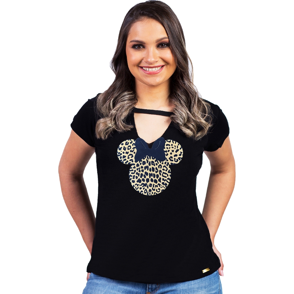 Camiseta T-shirt Feminina Minnie Mickey Pluto Blusinha Preta Viscolycra Confort Moda Promoção
