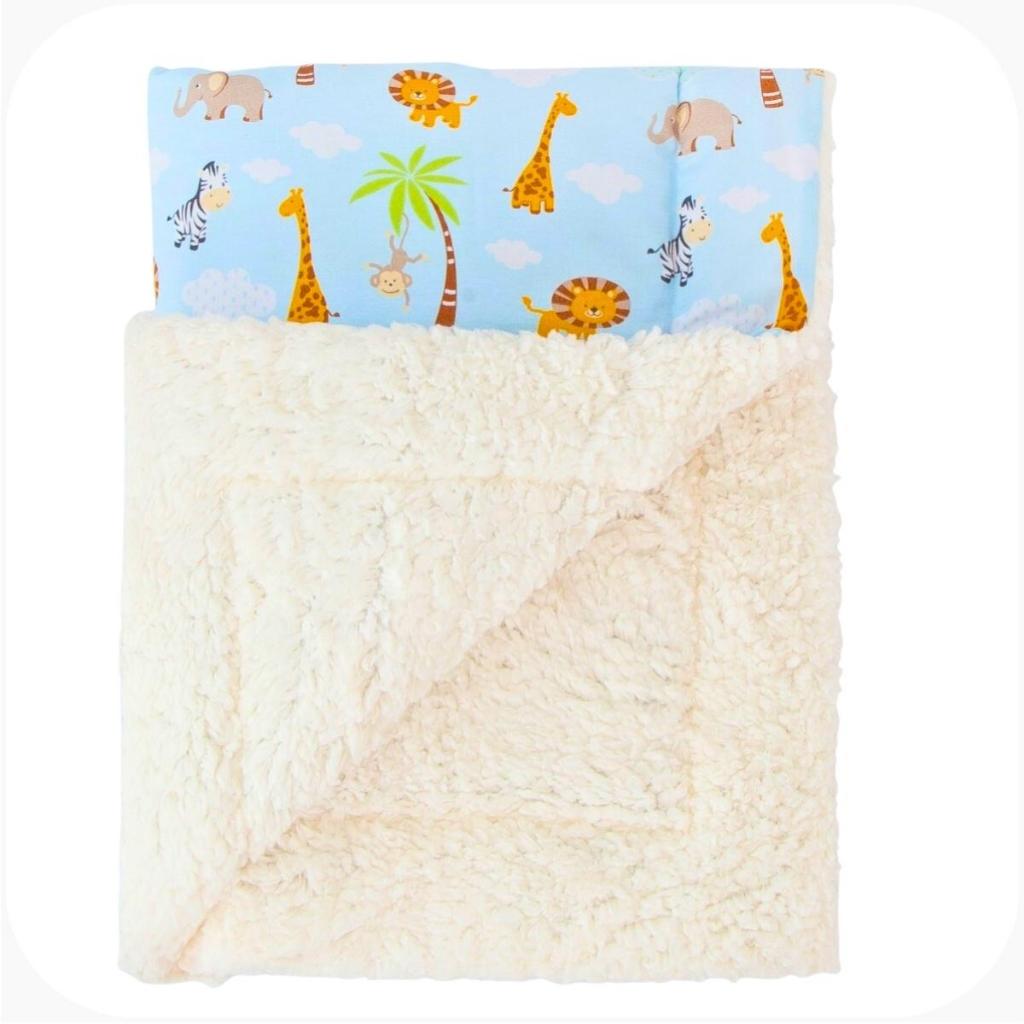Manta Sherpa Bebê Menino Grossa Cobertor Infantil Safari Azul