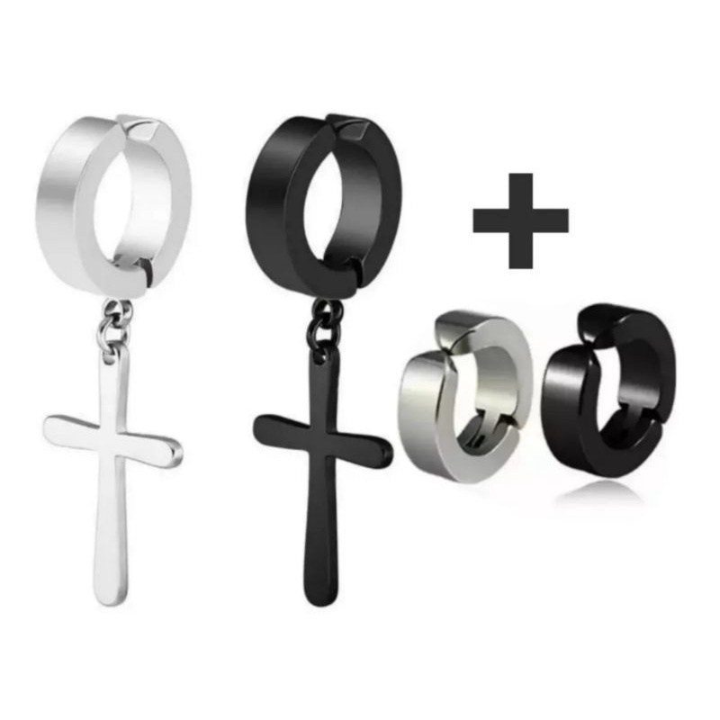 kit 12 Pares De Brincos Pressão Sem Furo Argola Bolinha Com Cruz E Sem Cruz