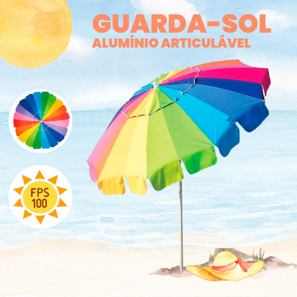 Guarda-Sol Arco Íris Rainbow Em Alumínio 2,20m Poliéster Com Silvercoating Grande FPS 100 - Mor em Oferta na Shopee
