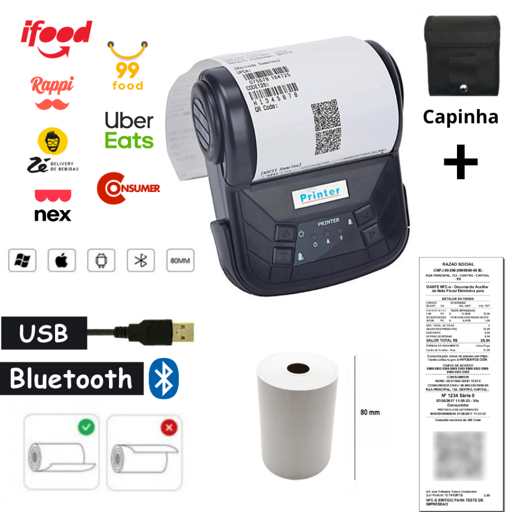 Impressora Térmica 80mm De Recibos Bluetooth e USB, Bilhetes Portátil Para Restaurante Supermercado Negócios