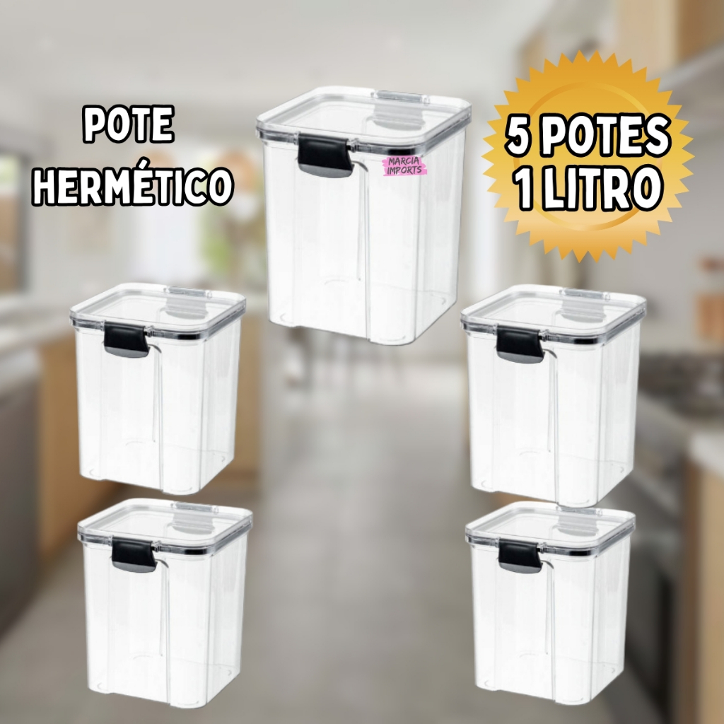 KIT 5 Potes Tampa Hermetico 5 unidades  500ml 800ml 1L Porta Alimentos Mantimentos Otimo p armazenar