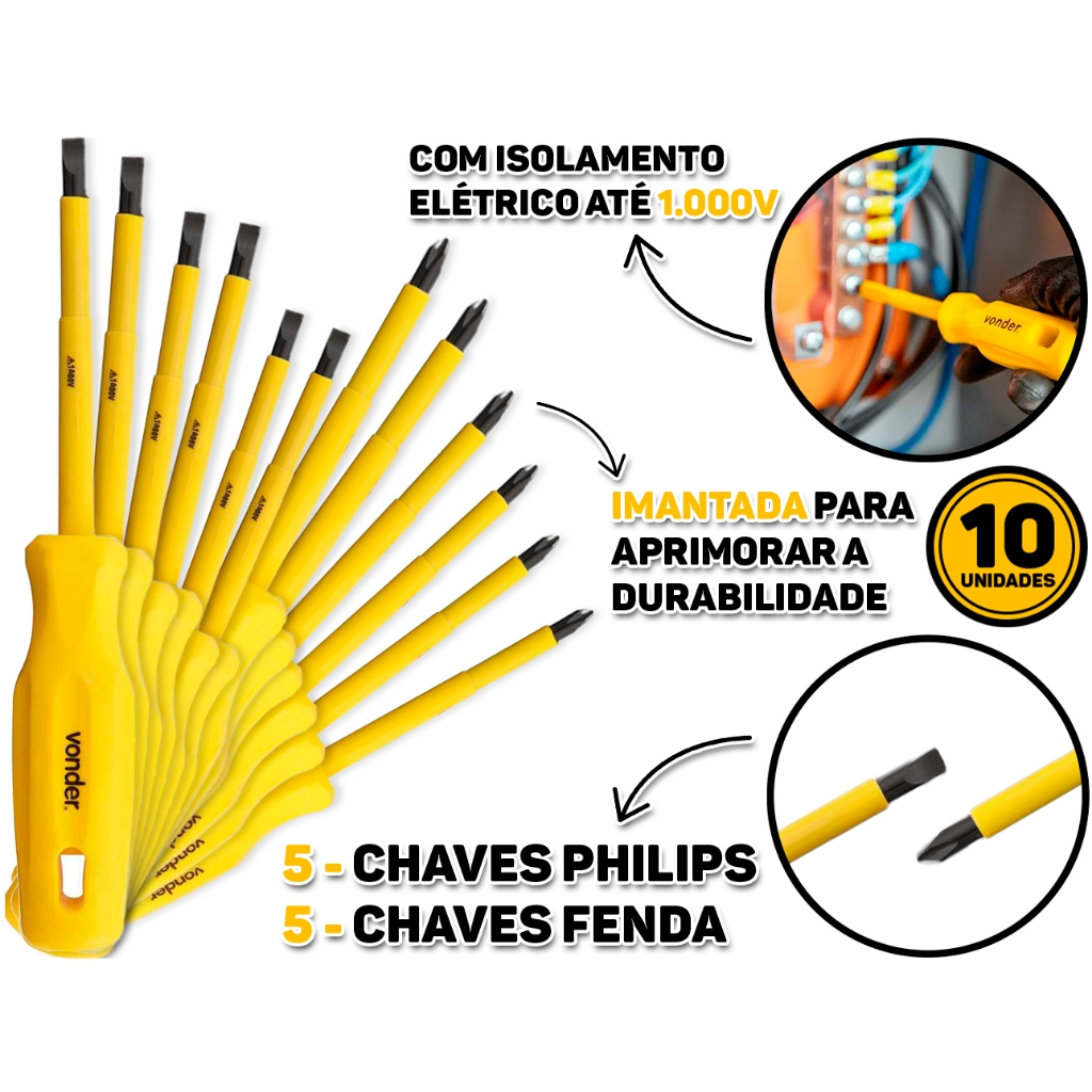 Kit 10 Peças Chaves De Fenda E Phillips Haste Isolada Cabo Anatômico Fixar E Soltar Parafusos Vonder em Oferta na Shopee