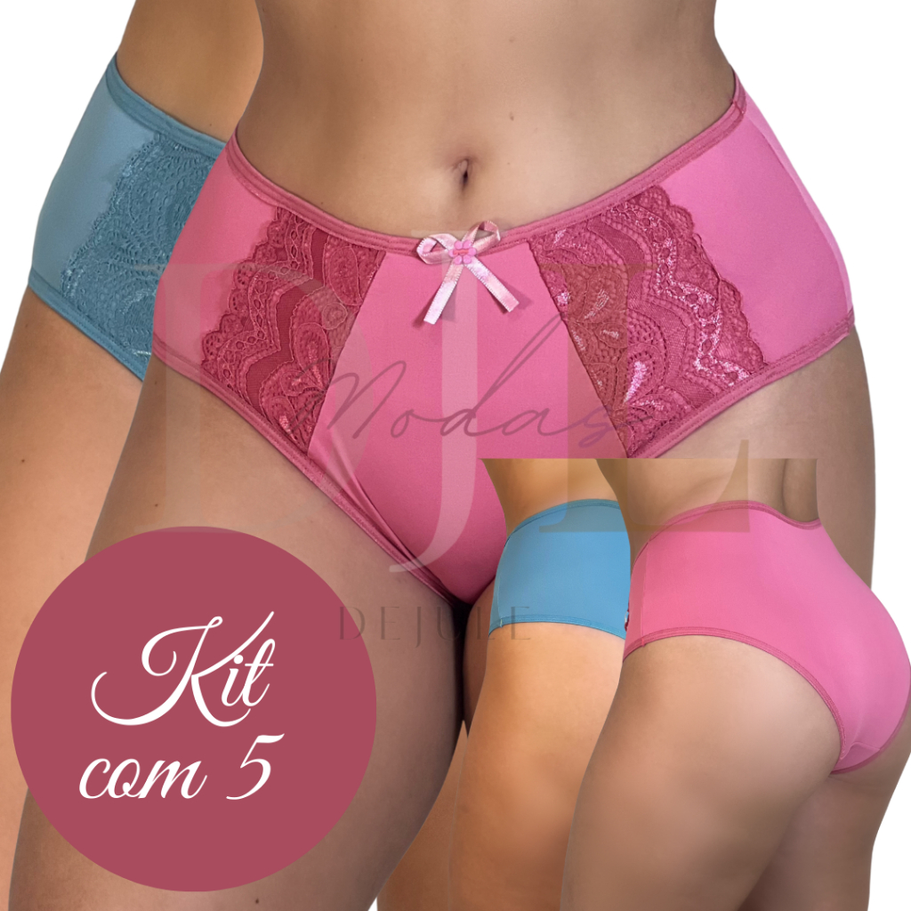Kit 5 Calcinha Elegance cós alto conforto com detalhes em renda tanga grande dia a dia