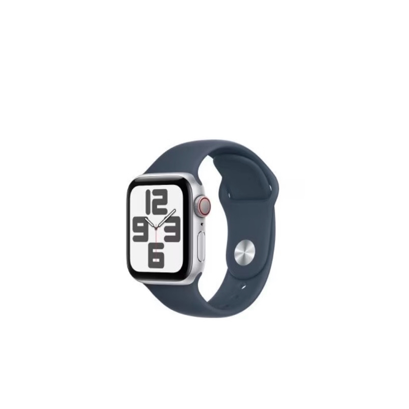 Apple Watch SE GPS • Caixa prateada de alumínio – 40 mm • Pulseira esportiva azul-tempestade – M/G