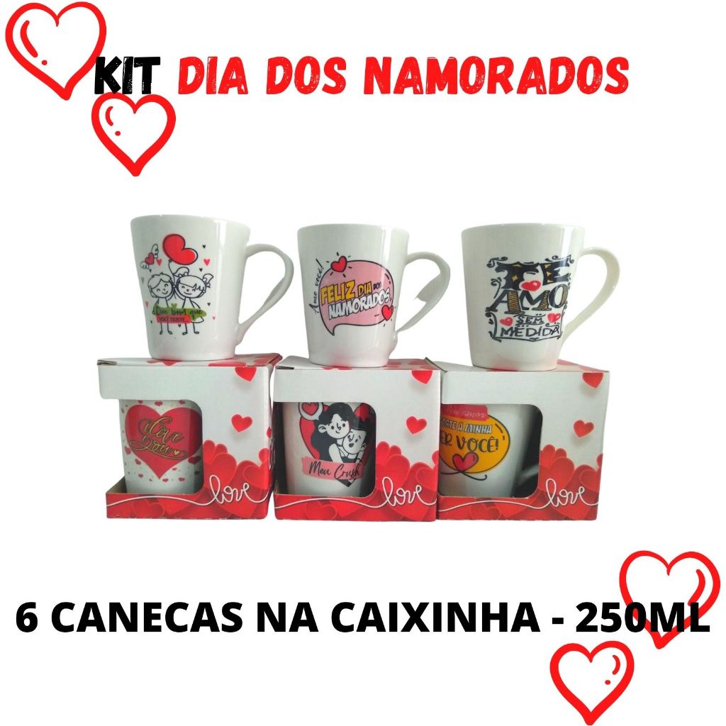 Kit 6 Canecas namorados Porcelana Presente dias do namorados