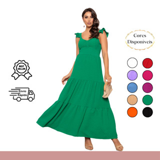 Vestido Longo Feminino Lastex Manga Babado Duna Premium