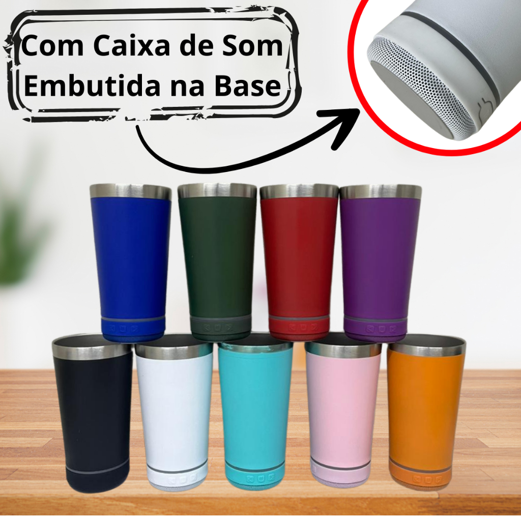 Copo Térmico Inox com Tampa Abridor e Caixa de Som com Bluetooth 420ml