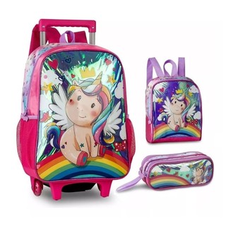 Kit Mochila Carrinho + Estojo + Lancheira Unicórnio Clio em Oferta na Shopee