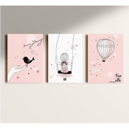 Quadro Decorativo Menina No Balanço Pássaro Balão Para Quarto Sala Sem Moldura