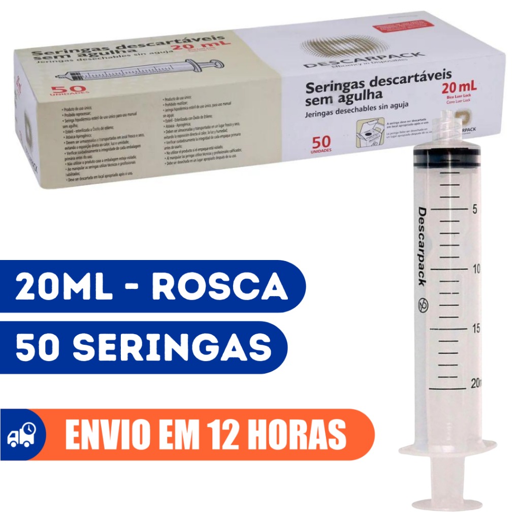 Seringa 20ml 50un Rosca Luer Lock Sem Agulha Descarpack