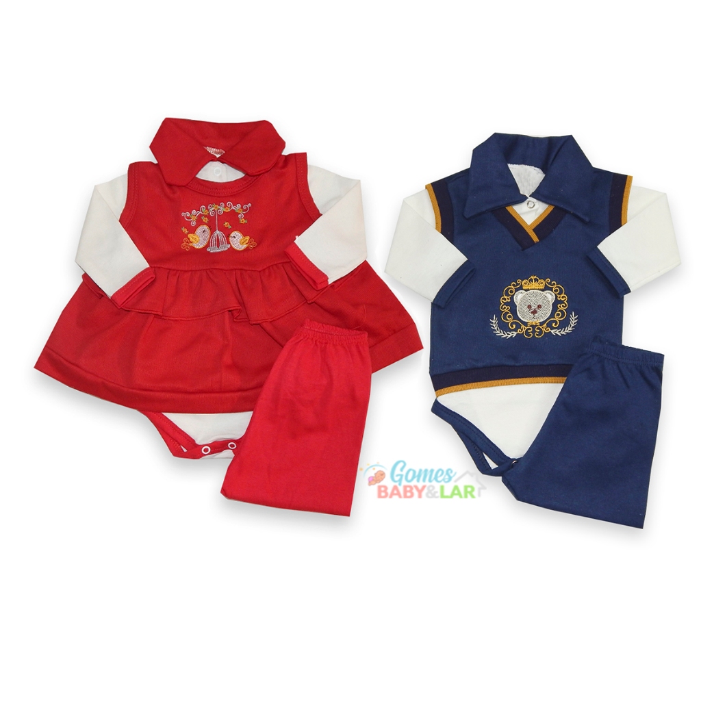 Conjunto Pagão Body Bebê Luxo Bordado Kit 3 Peças