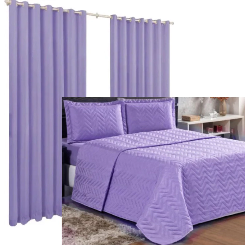 Kit Quarto 4 Peças Cobre leito com Cortina 3 metros e 2 Fronhas com Zíper Jogo de cama Decoração