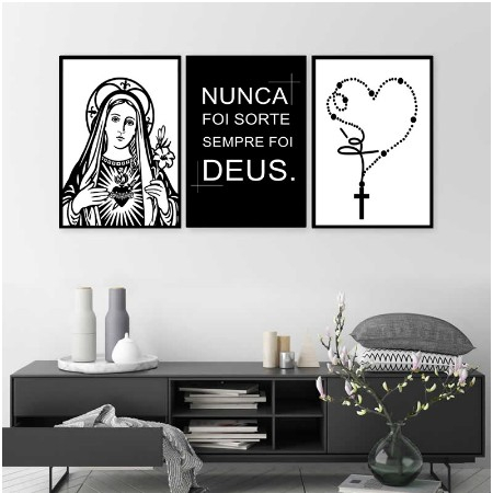 Quadros Decorativos Religioso Maria Nossa Senhora Terço Deus Nunca Foi Sorte 3 Peças AM