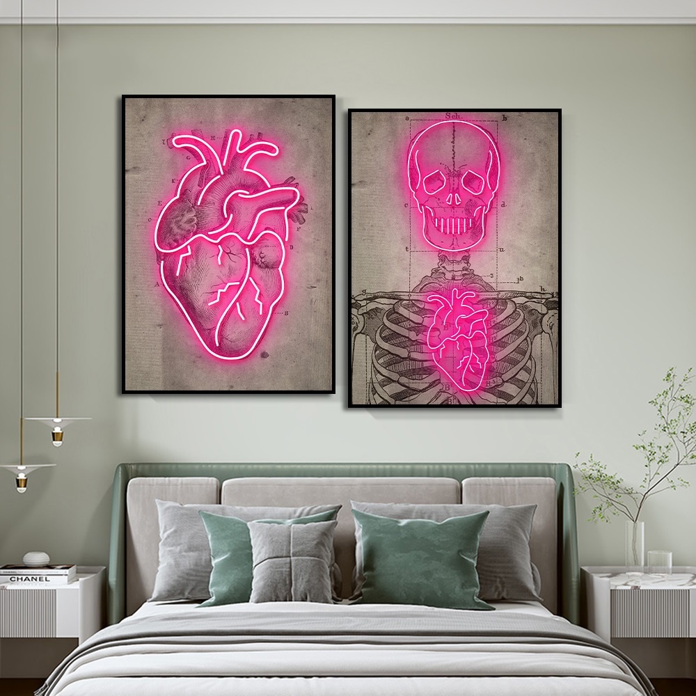 Kit Quadros Decorativos Mosaico 2 Peças Anatomia Coração Crânio Esqueleto Cérebro Modular Delicado Rosa Neon Rose Medicina Presente Moderno Clínica Escritório