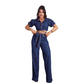 Conjunto jeans calça cintura alta elástico modelador cropped ciganinha