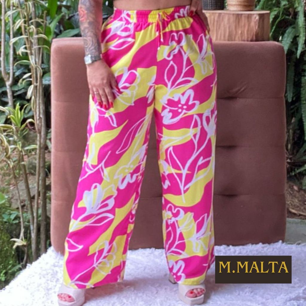 Calça Pantalona Estampada Rosa Pink Elástico na cintura