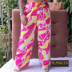 Calça Pantalona Estampada Rosa Pink Elástico na cintura