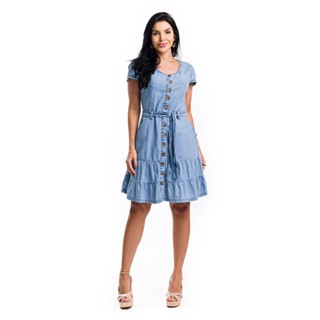 Vestido Jeans evangélico manga curta com faixa acinturado