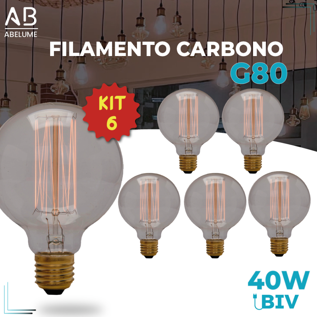 Kit 6 Lâmpada Filamento Carbono G80 40W E27 LUZ QUENTE (AMARELO) Âmbar 110V~220V