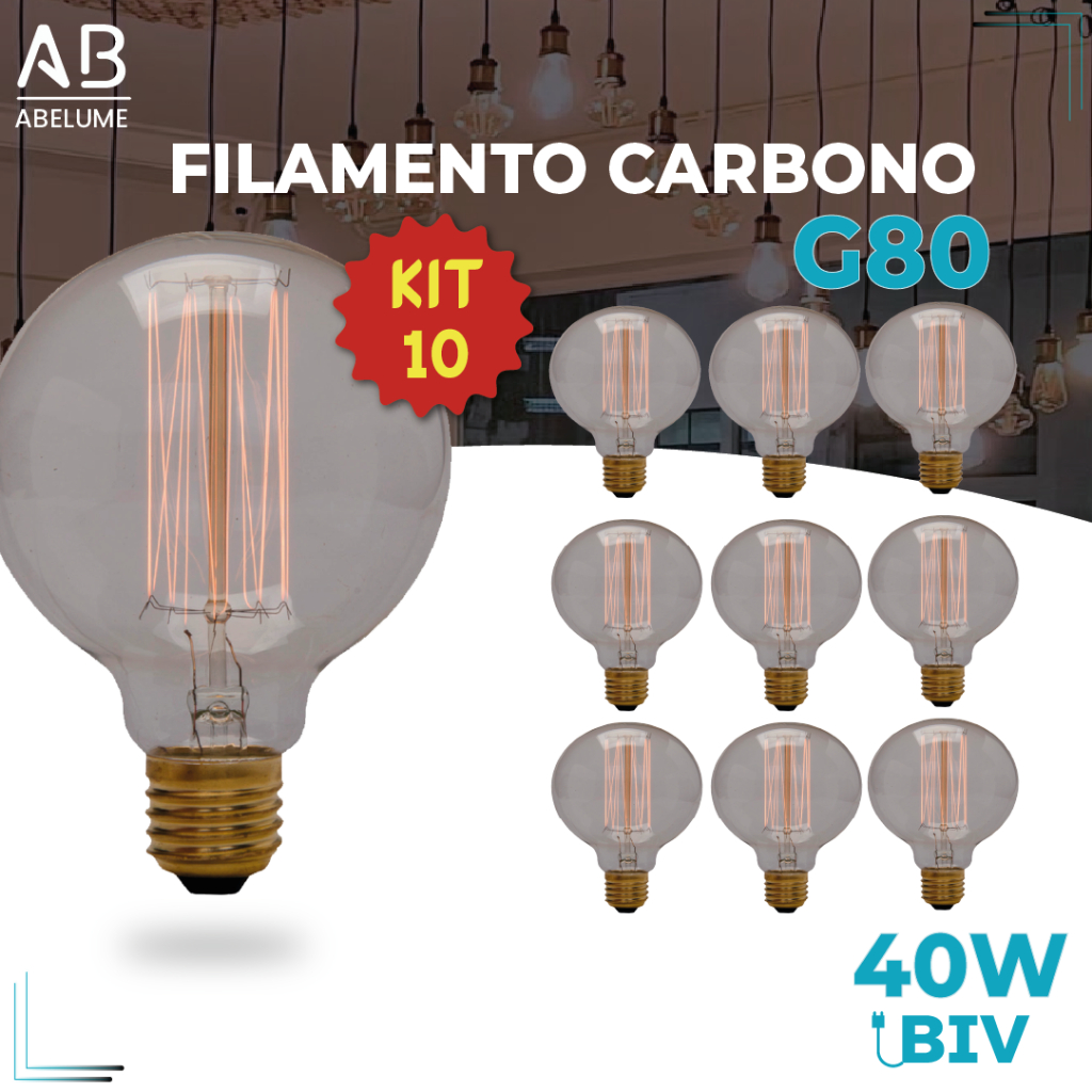 Kit 10 Lâmpada Filamento Carbono G80 40W E27 LUZ QUENTE (AMARELO) Âmbar 110V~220V em Oferta na Shopee