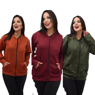 Jaqueta Bomber Feminina Matelassse Com Punho, Ziper e Gola Listras Moda Inverno